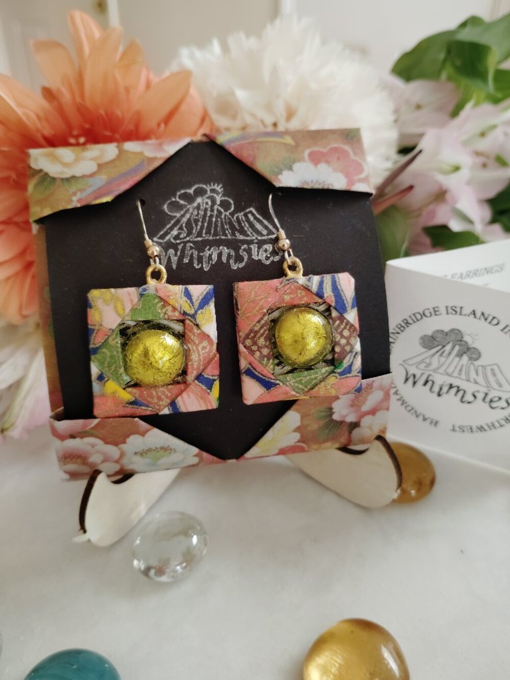 Origami Tile Paper Earrings, Peridot Green/Gold Foil Glass Cab, Handmade OAK